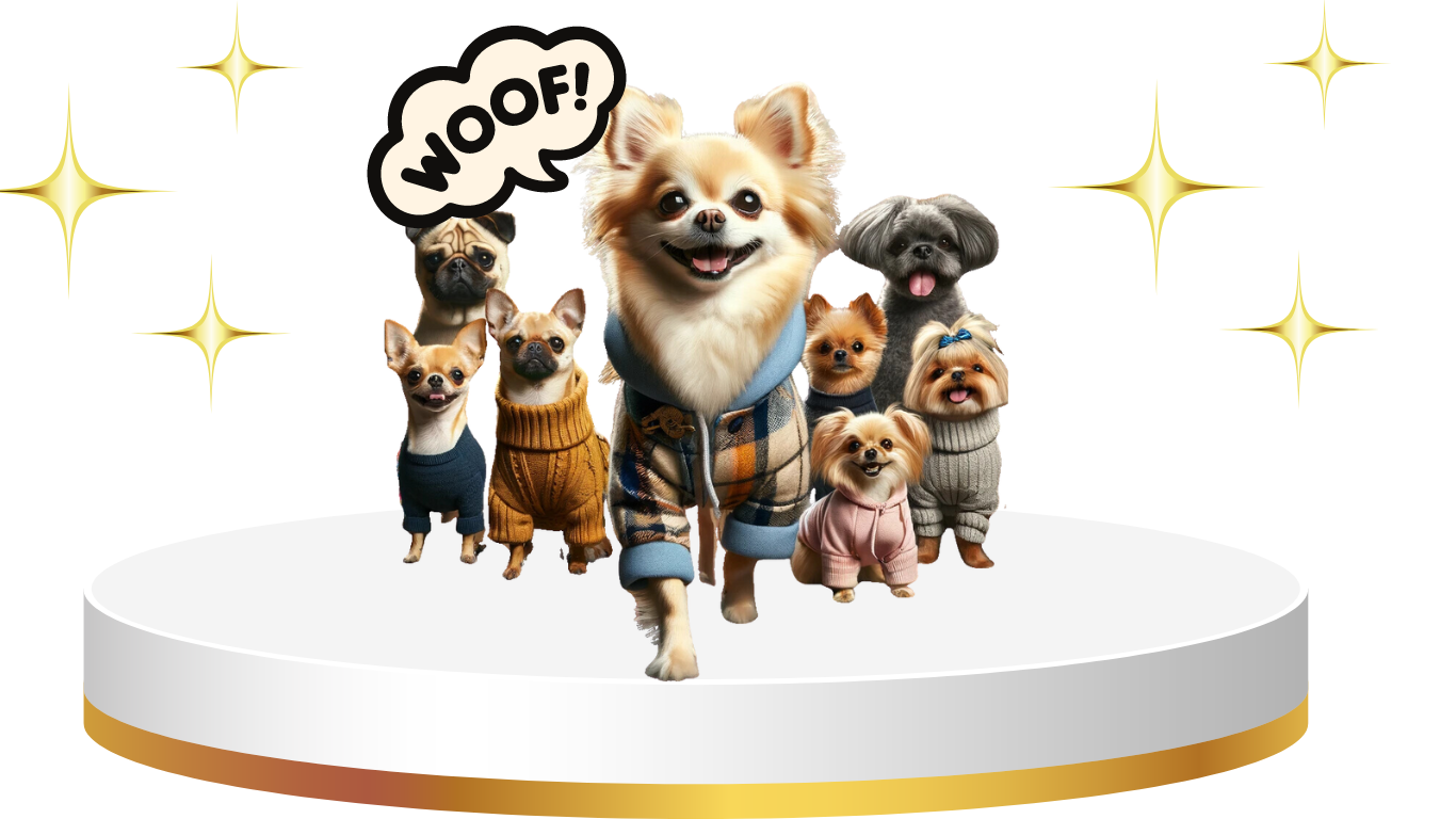 Chihuahua, Pomeranian, and Pug dressed in fashionable outfits, posing small dog store, showcasing a variety of colorful and stylish clothing designed specifically for small breeds.